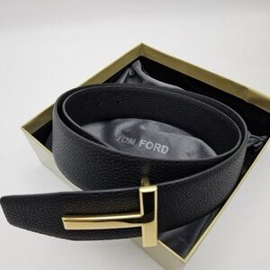 Tom Ford Black Belt - Grained Leather, Golden T-Accents